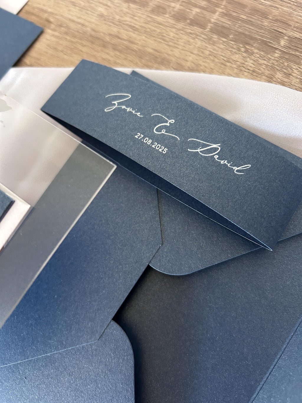 Navy & Clear Acrylic Wedding Invitation | Green Foliage, Elegant Suite