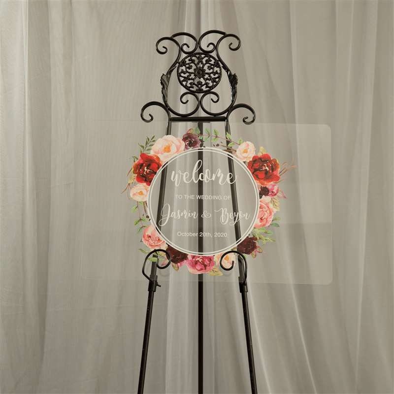 Burgundy Blush Floral Wreath Acrylic Wedding Welcome Sign