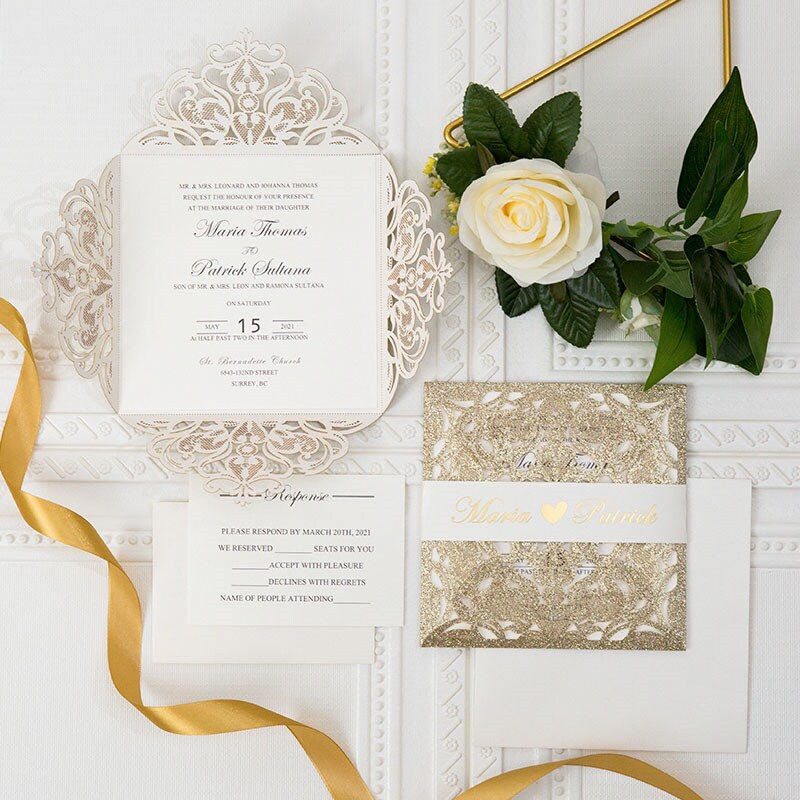 Gold Glitter Laser Cut Wedding Invitation, Ivory Shimmer Suite
