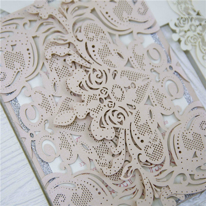 Laser Cut Blush Wedding Invitation with Silver Glitter
