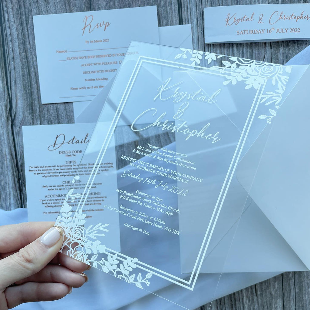 Modern Acrylic Wedding Invitation with Rose Gold Foiling Inserts & Bellyband