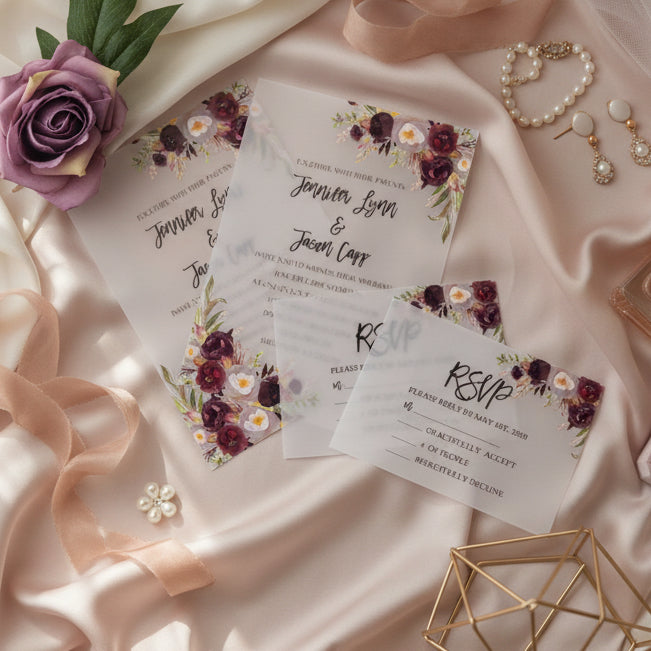 Burgundy Floral UV Printed Wedding Invitation