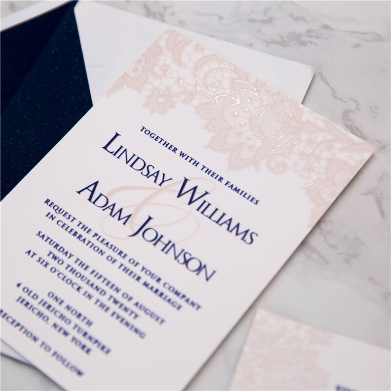UV Printed Lace Wedding Invitation, Blush & Navy, Custom Suite