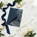 Clear Acrylic Wedding Save The Date | Gold Print, Glitter Navy Envelope