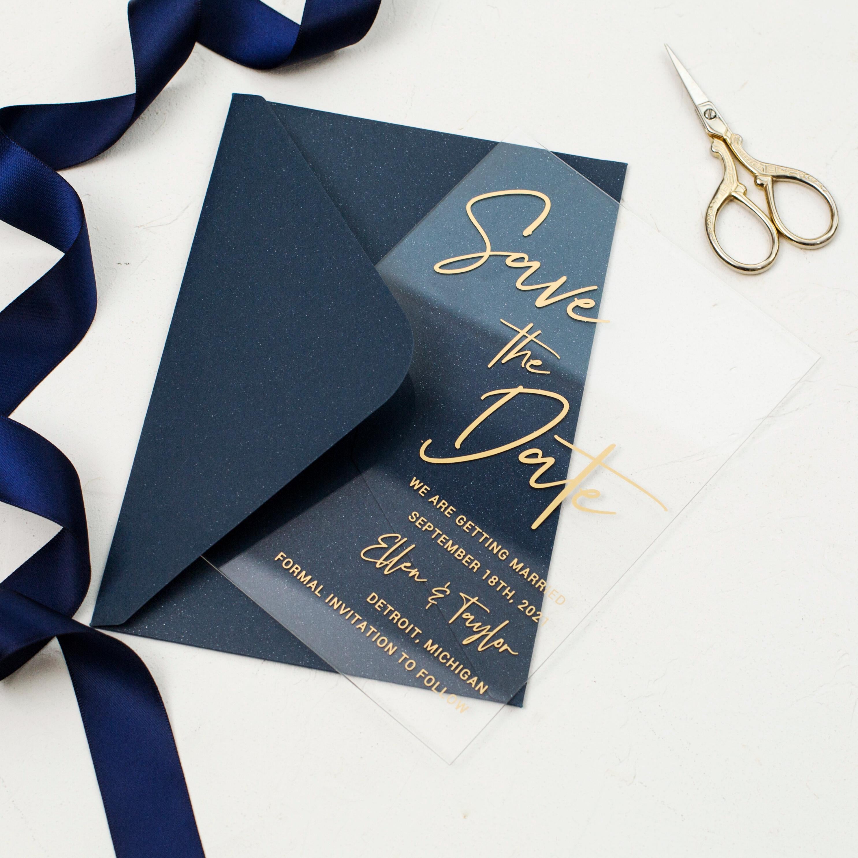 Clear Acrylic Wedding Save The Date | Gold Print, Glitter Navy Envelope