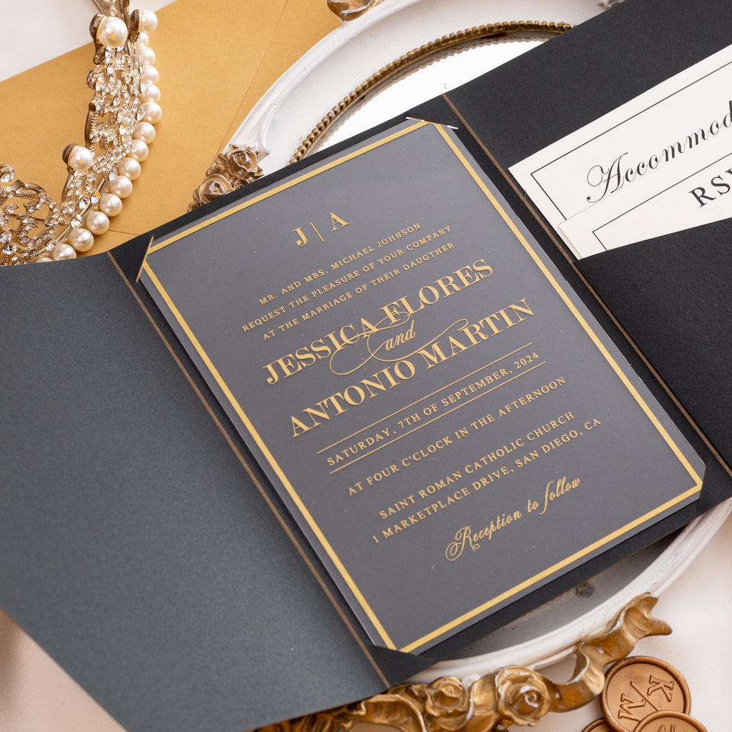 Black & Gold Acrylic Wedding Invitation | Pocketfold Envelope, Wax Seal