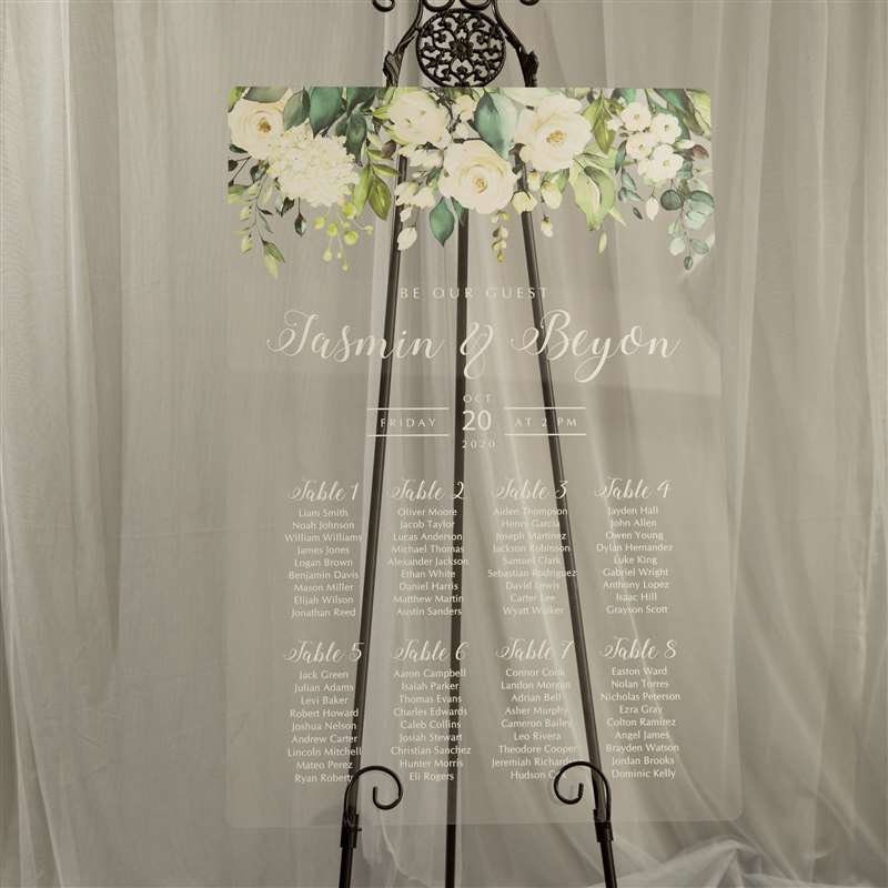 Floral Acrylic Wedding Table Seating Chart, Ivory White