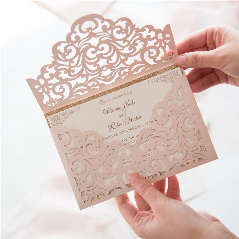 Blush Pink & Rose Gold Glitter Lasercut Envelope Wedding Invitation