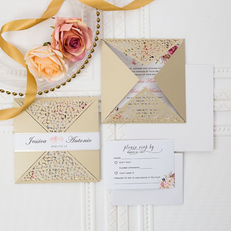 Laser Cut Floral Wedding Invitation Suite, Gold Shimmer
