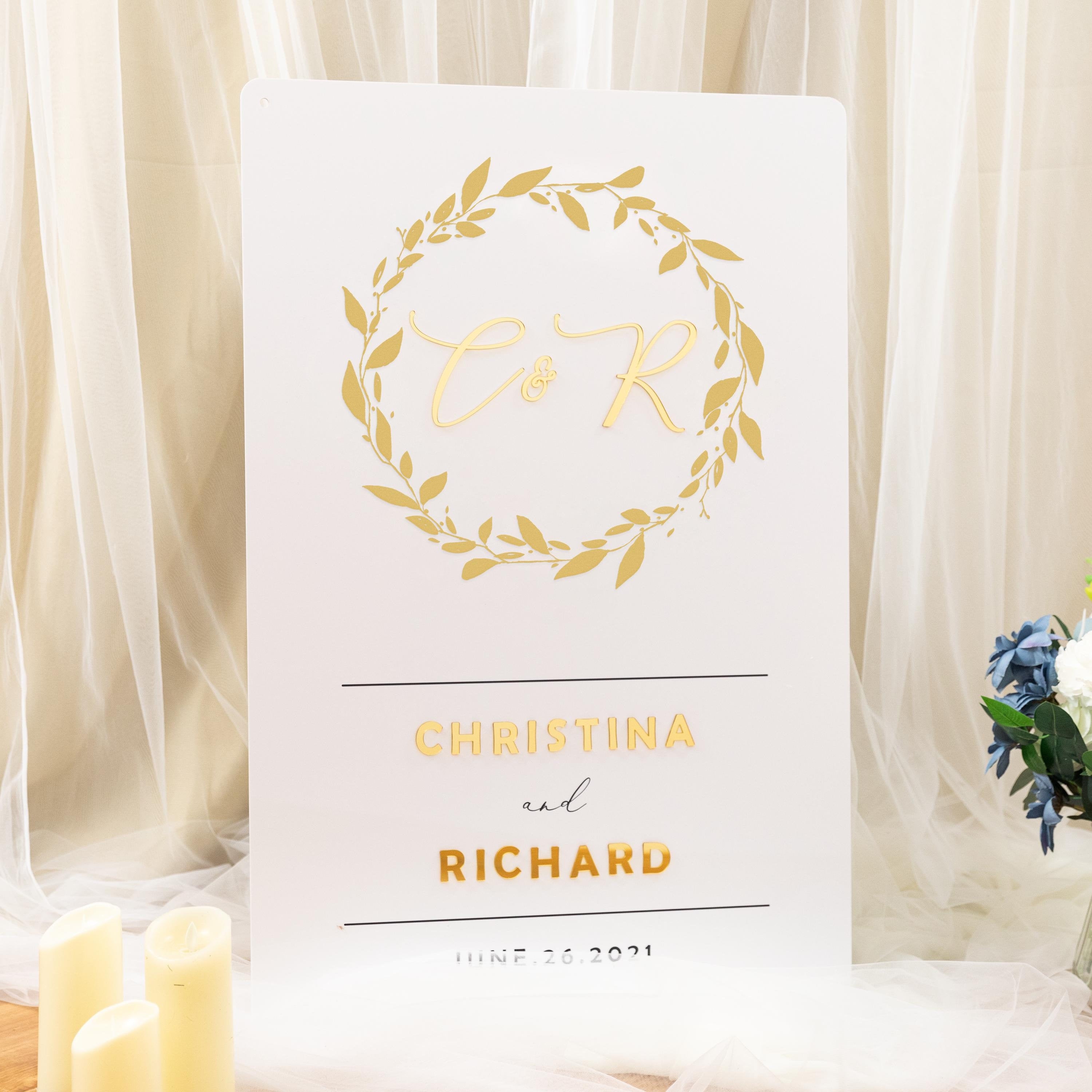 Gold 3D Initial Wedding Welcome Sign, White Acrylic