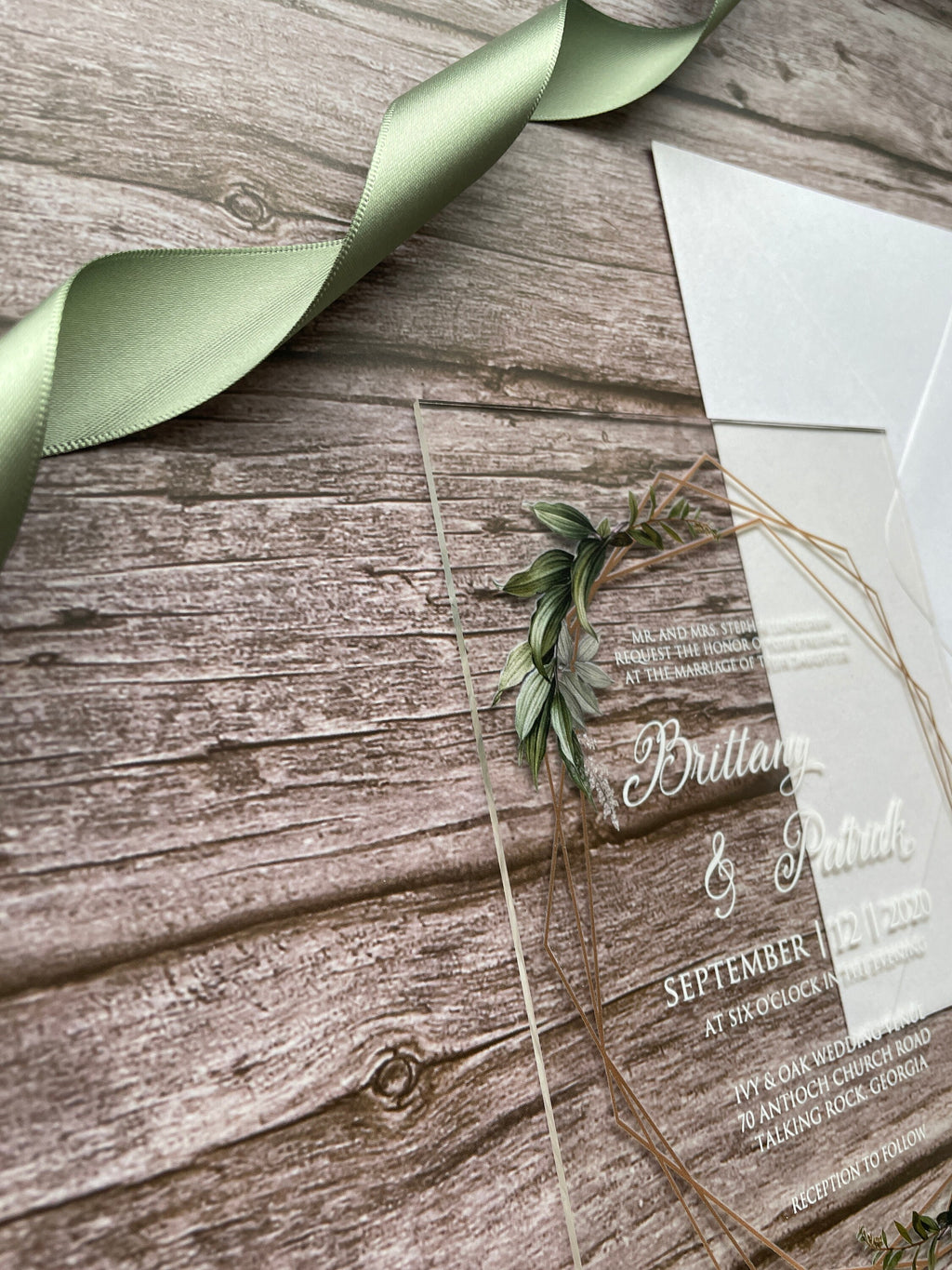 Geometric Eucalyptus Acrylic Wedding Invitation