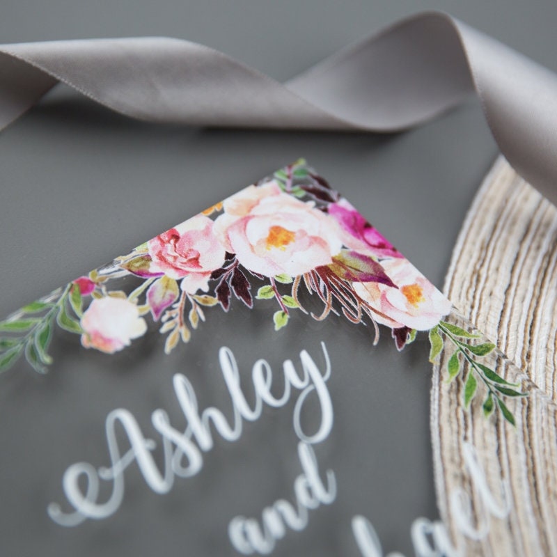 Acrylic Wedding Invitation: Clear Perspex with Pink Florals