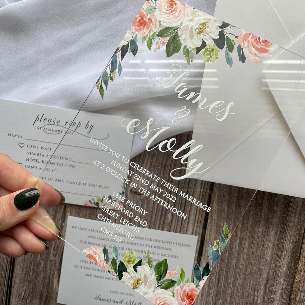 Floral Acrylic Wedding Invitation | Blush Pink, White, & Green