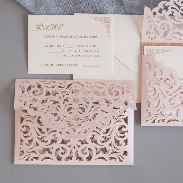 Blush Pink & Rose Gold Glitter Lasercut Envelope Wedding Invitation