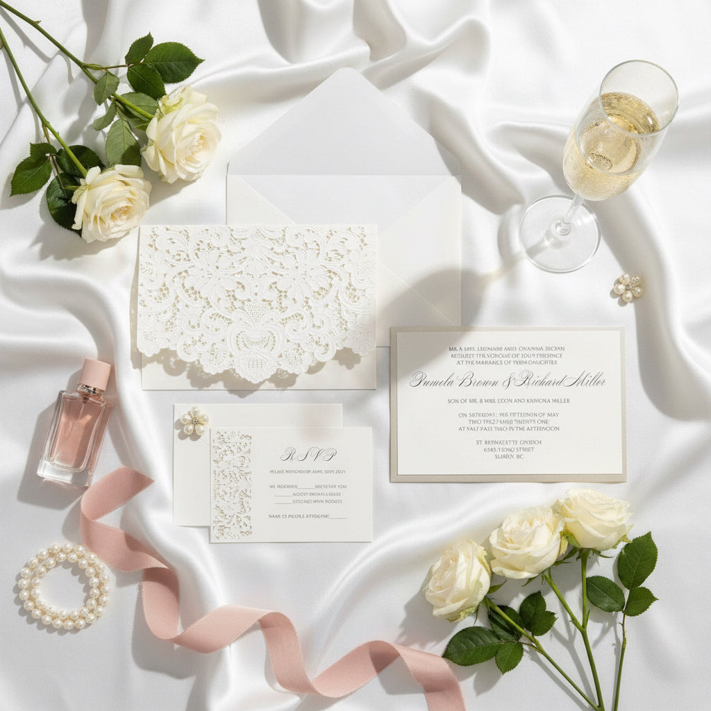 Laser Cut Wedding Invitation, Ivory Embossed Design
