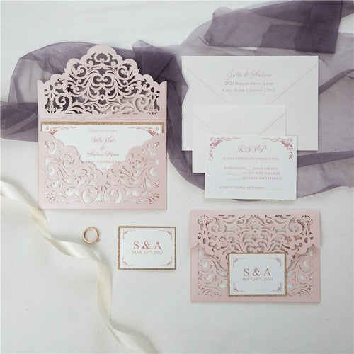 Blush Pink & Rose Gold Glitter Lasercut Envelope Wedding Invitation