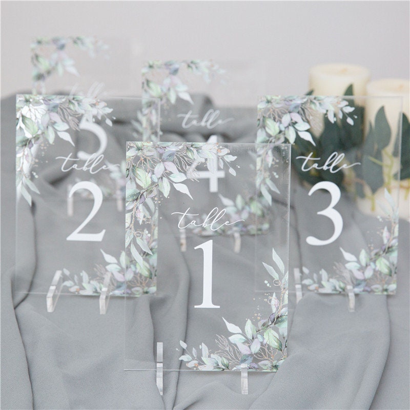 Boho Clear Acrylic Table Names & Numbers, Eucalyptus Foliage Design, Wedding Reception Decor