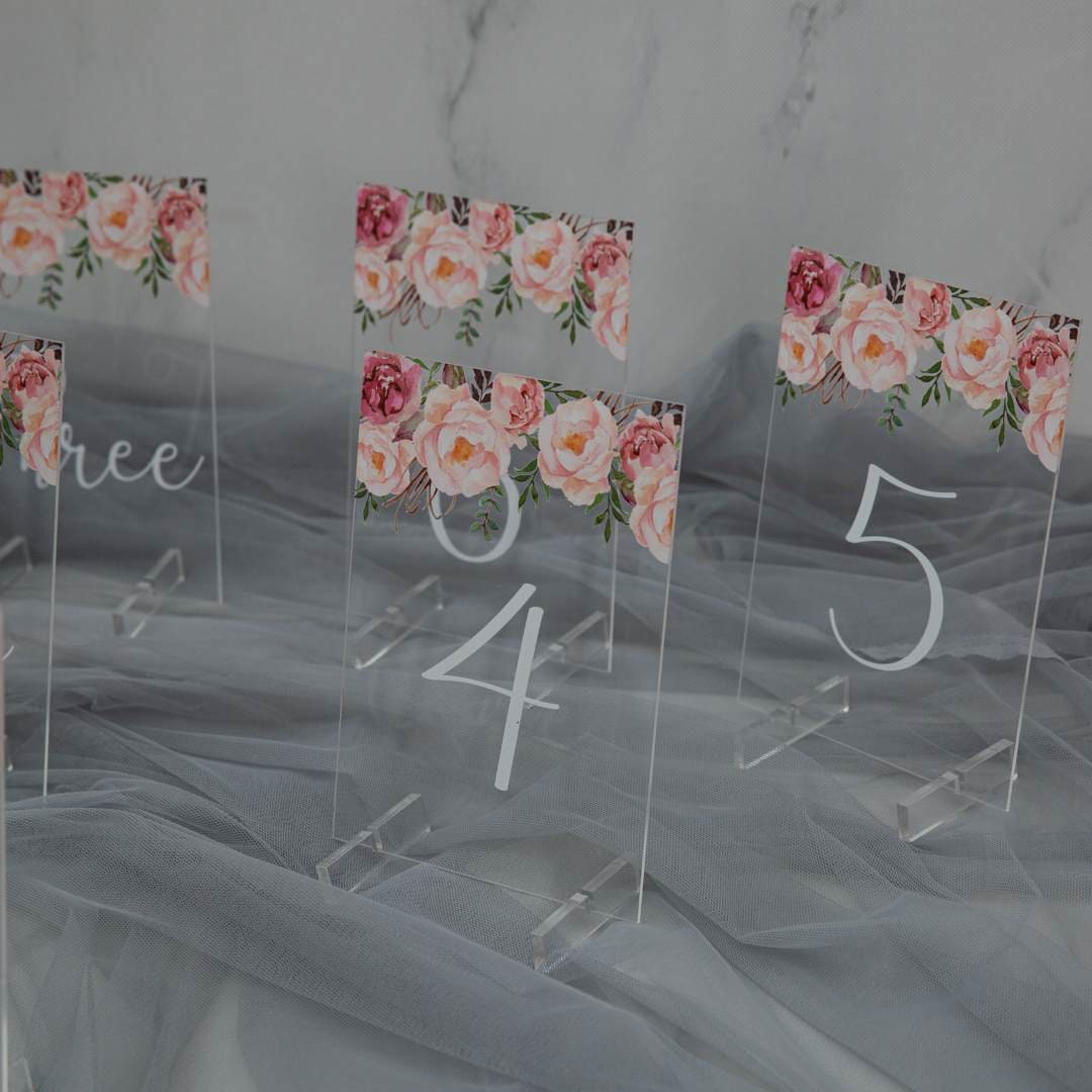 Peach & Pinks Floral Acrylic Wedding Table Number