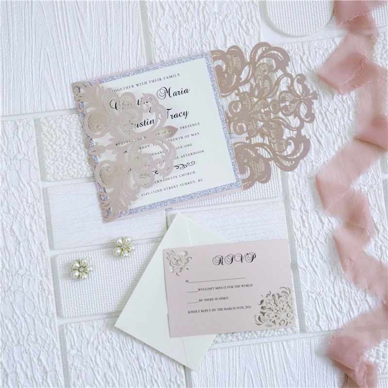 Blush Pink Laser Cut Wedding Invitation with Silver Glitter