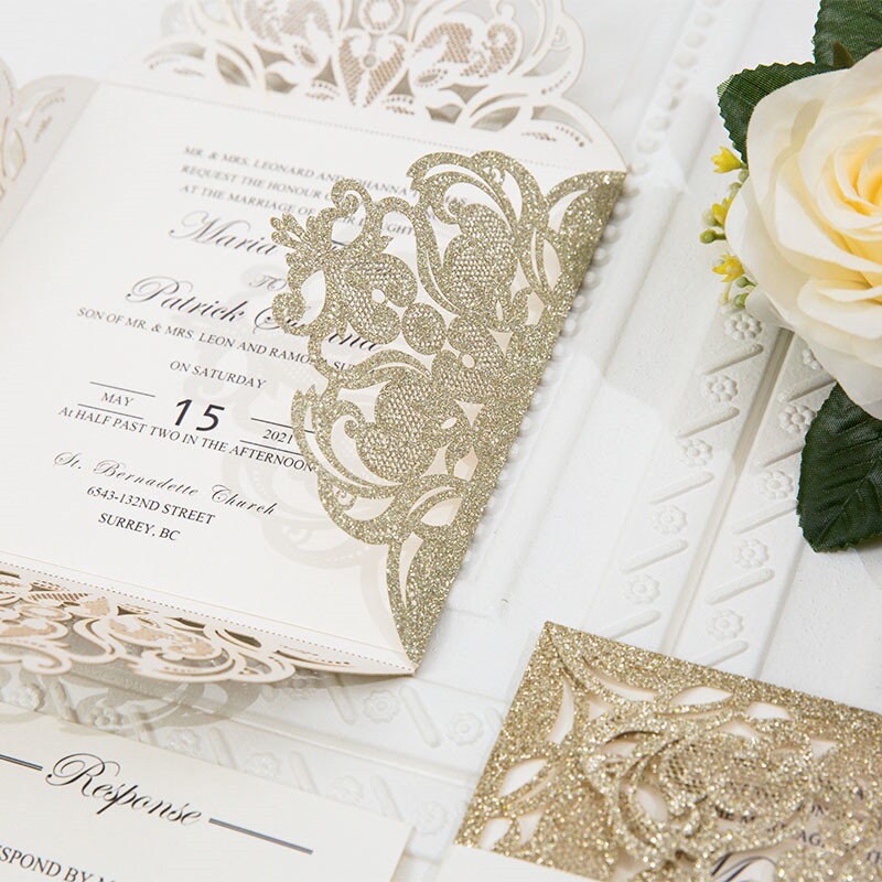 Gold Glitter Laser Cut Wedding Invitation, Ivory Shimmer Suite