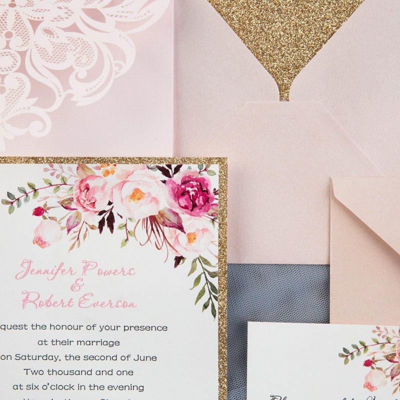 Rose Gold Glitter Floral Laser Cut Wedding Invitation Suite