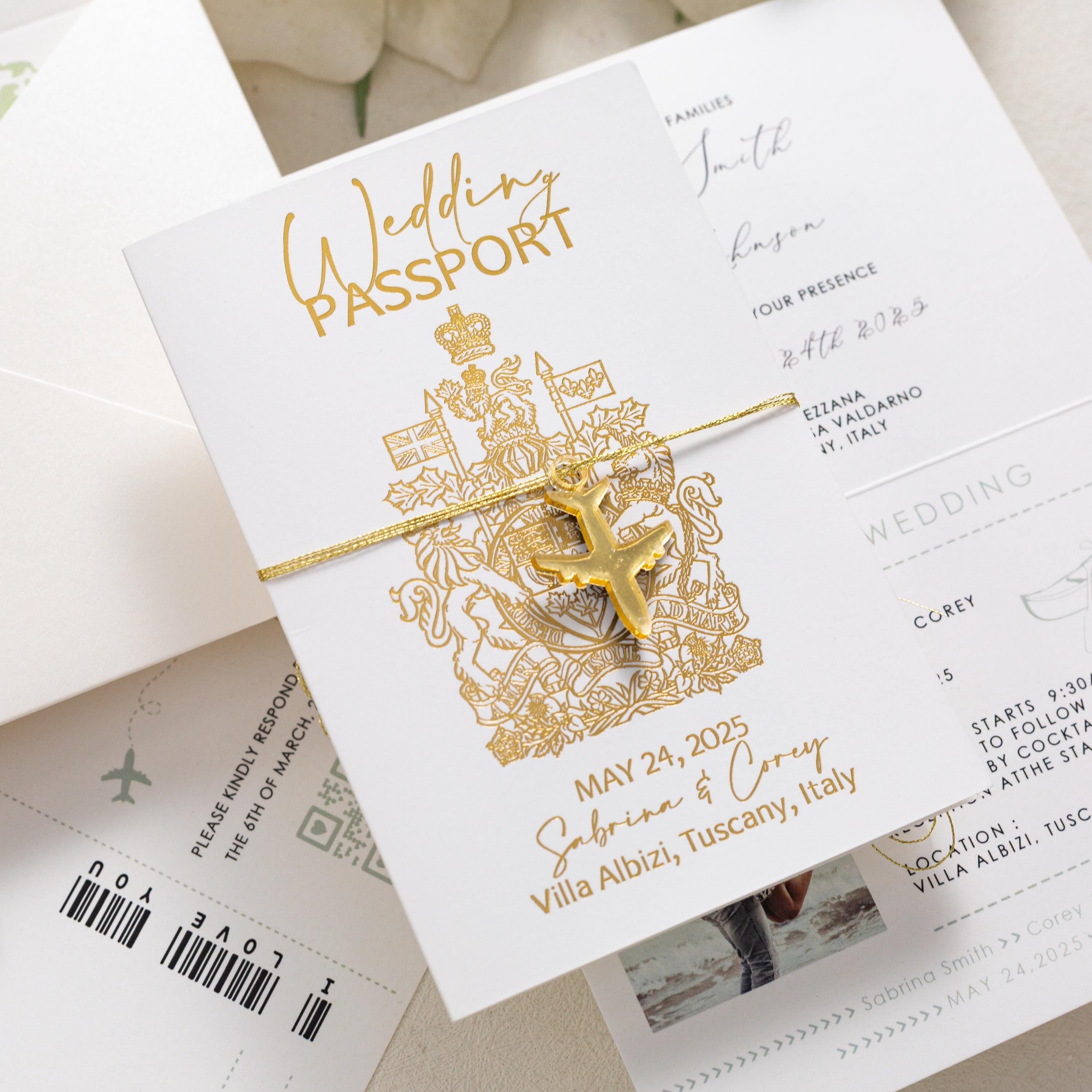 Destination Wedding Passport Invitation with Gold Airplane Charm
