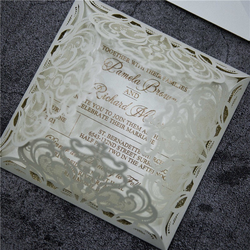 Lasercut Ivory Wedding Invitation with Rose Gold Glitter Details
