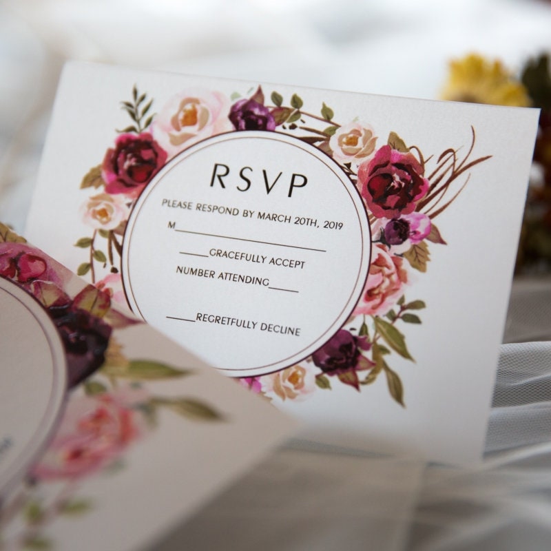 UV Printed Floral Wedding Invitation, Burgundy & Peach