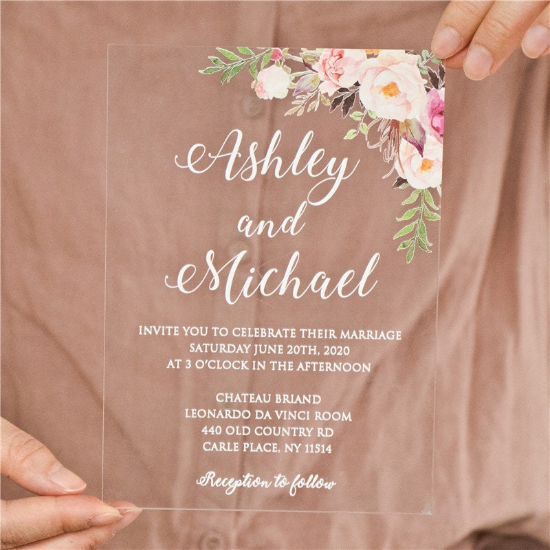 Acrylic Wedding Invitation: Clear Perspex with Pink Florals