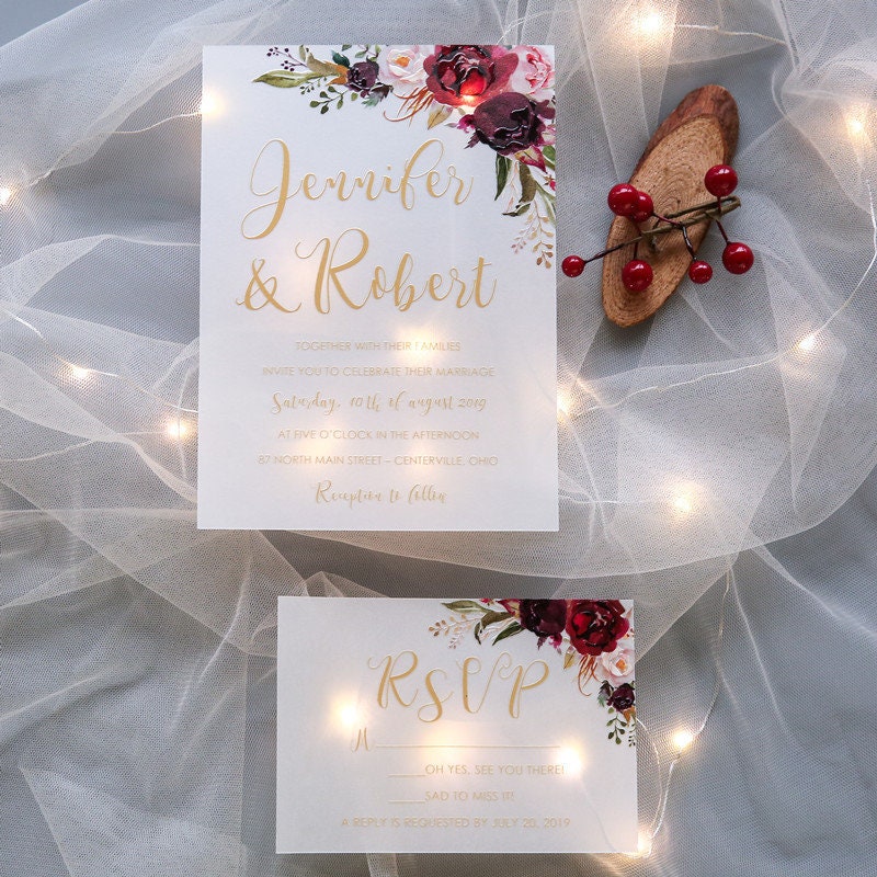 UV Printed Burgundy Floral Wedding Invitation, RSVP Set
