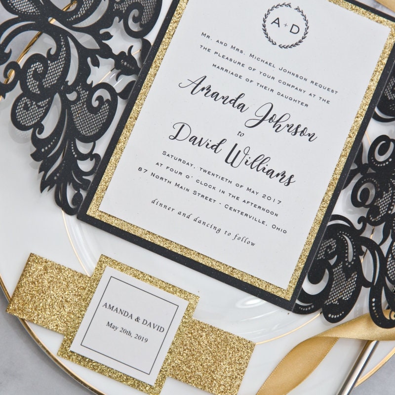 Black Laser Cut Wedding Invitation with Gold Glitter Accent