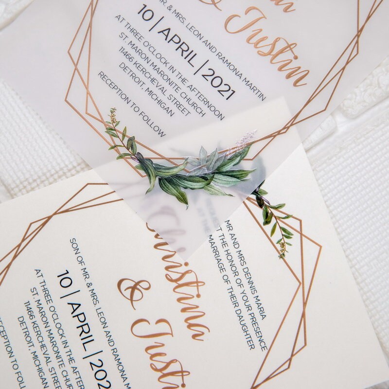 Geometric Olive Eucalyptus Leaf Design UV Printed Wedding Invite / Invitation