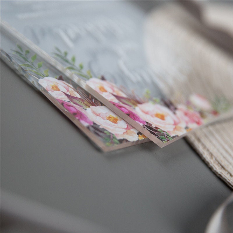 Acrylic Wedding Invitation: Clear Perspex with Pink Florals