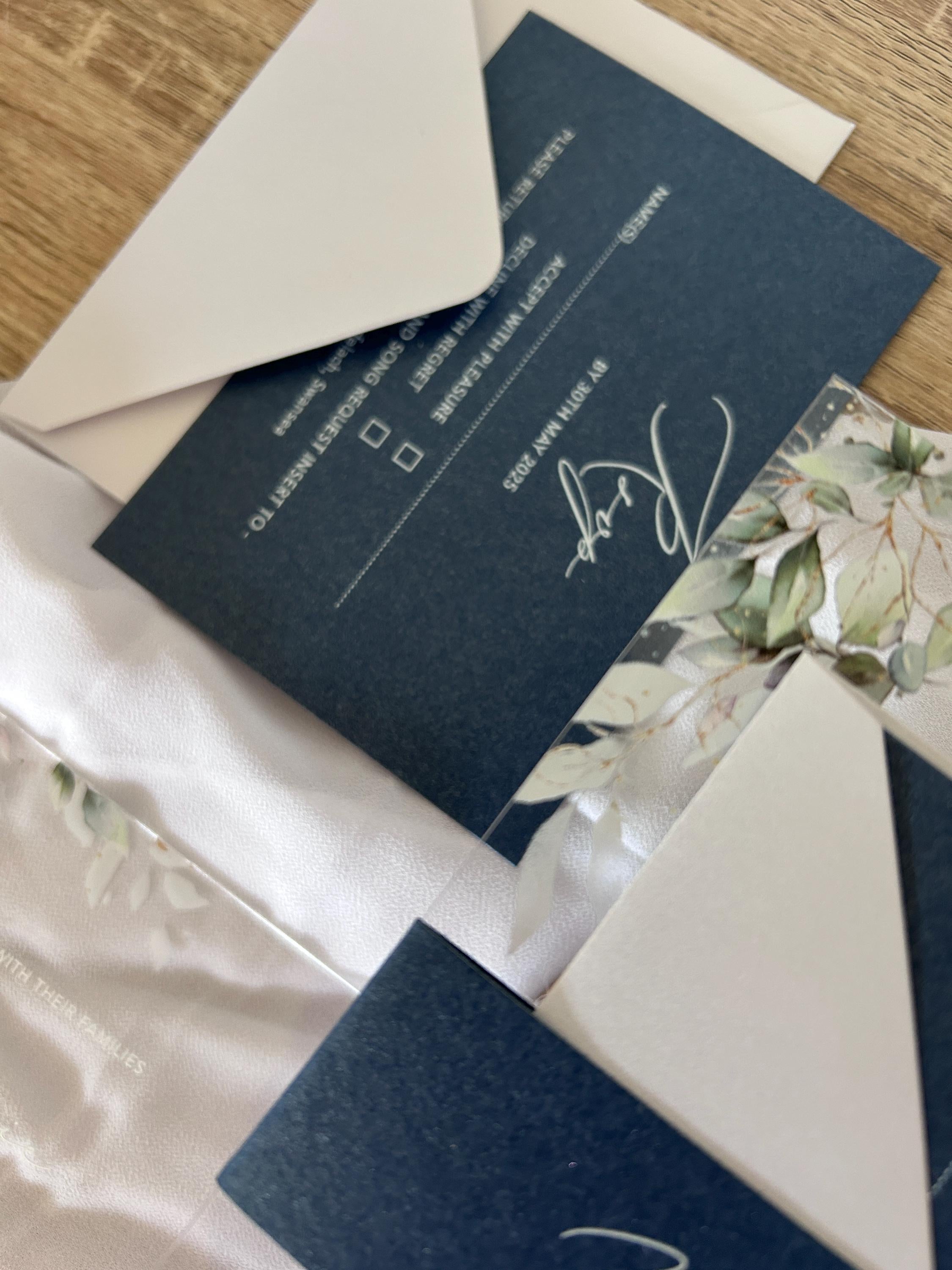 Navy & Clear Acrylic Wedding Invitation | Green Foliage, Elegant Suite