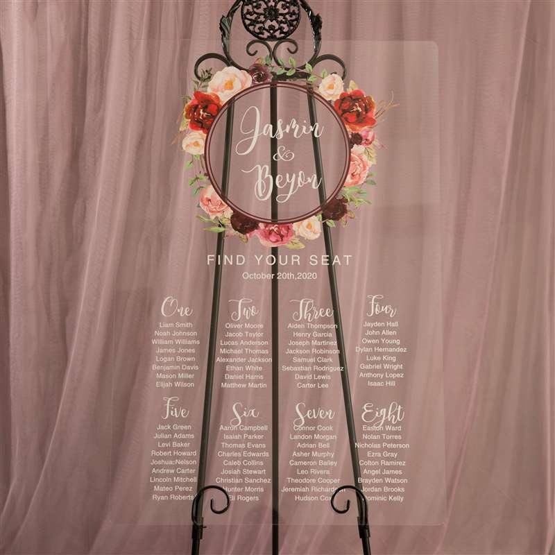 Burgundy Floral Acrylic Wedding Seating Chart, Calligraphy Sign