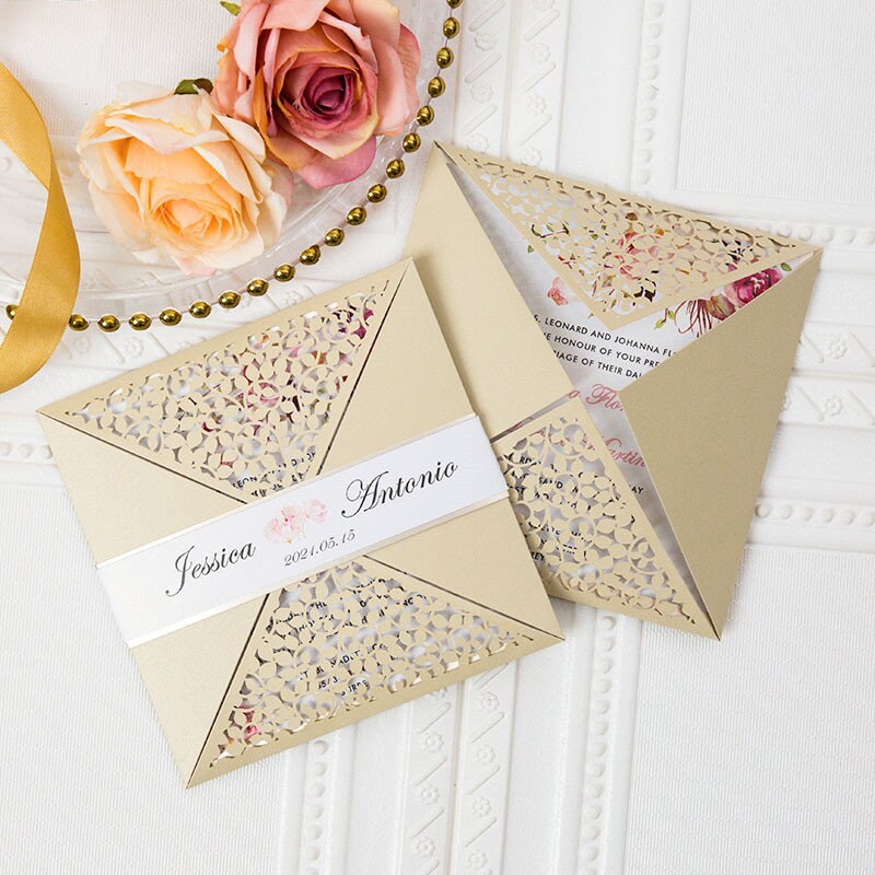 Laser Cut Floral Wedding Invitation Suite, Gold Shimmer
