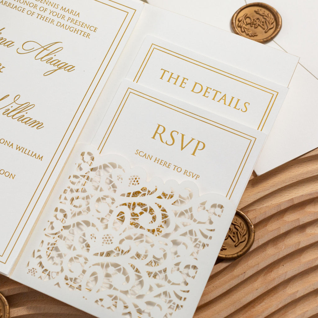 Ivory Shimmer Pocketfold Lasercut Wedding Invitation with Gold Foil and Wax Seal Detailing