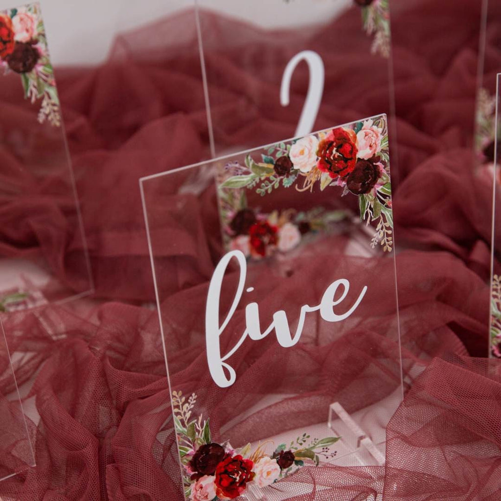 Burgundy Blush Floral Acrylic Wedding Table Number