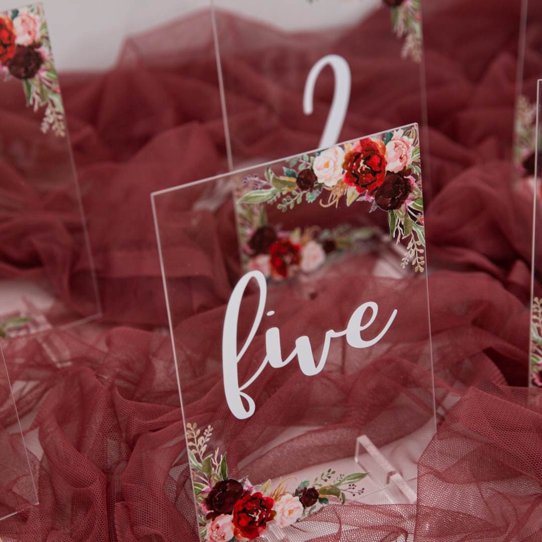 Burgundy Blush Floral Acrylic Wedding Table Number