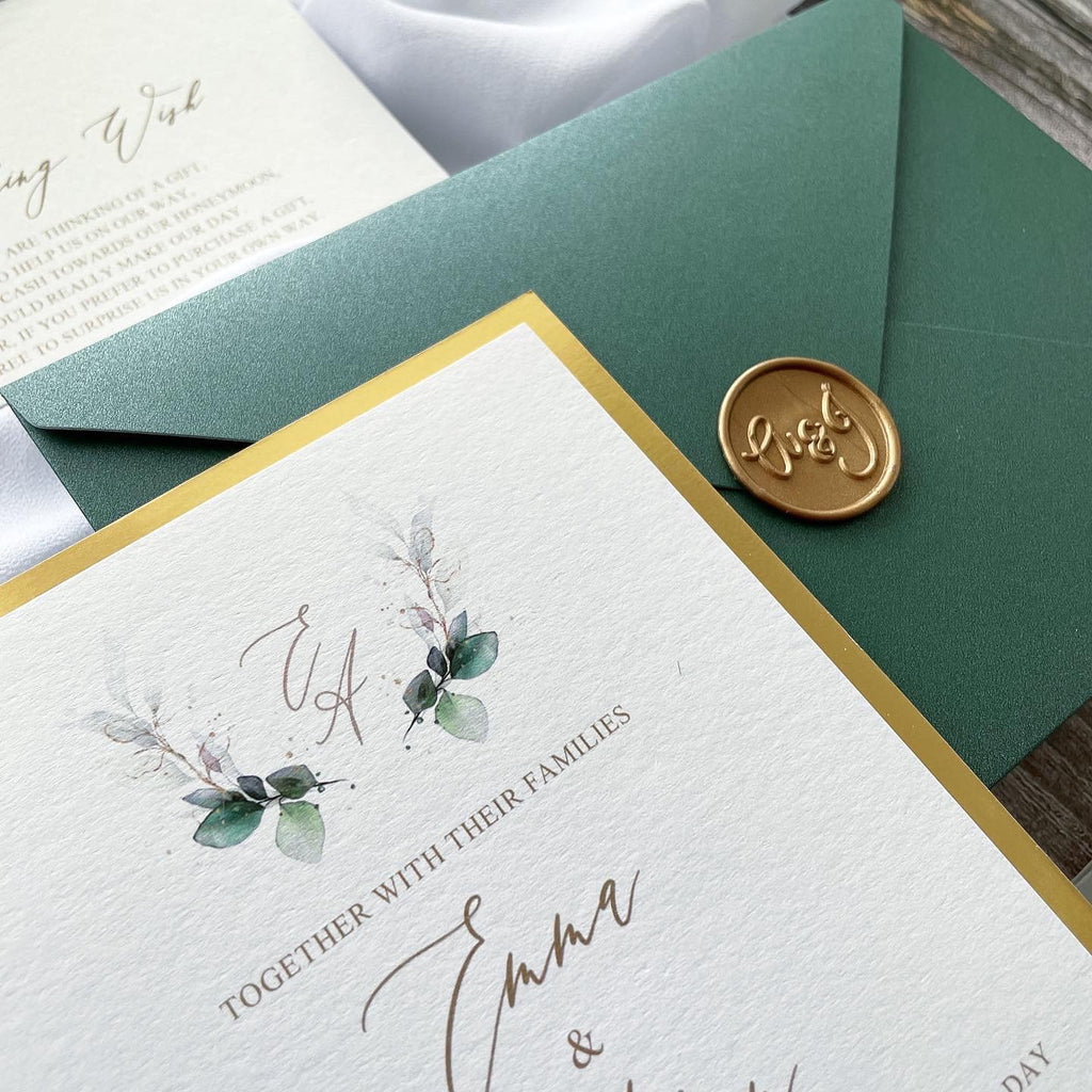 Emerald Green & Gold Mirror Wedding Invitation