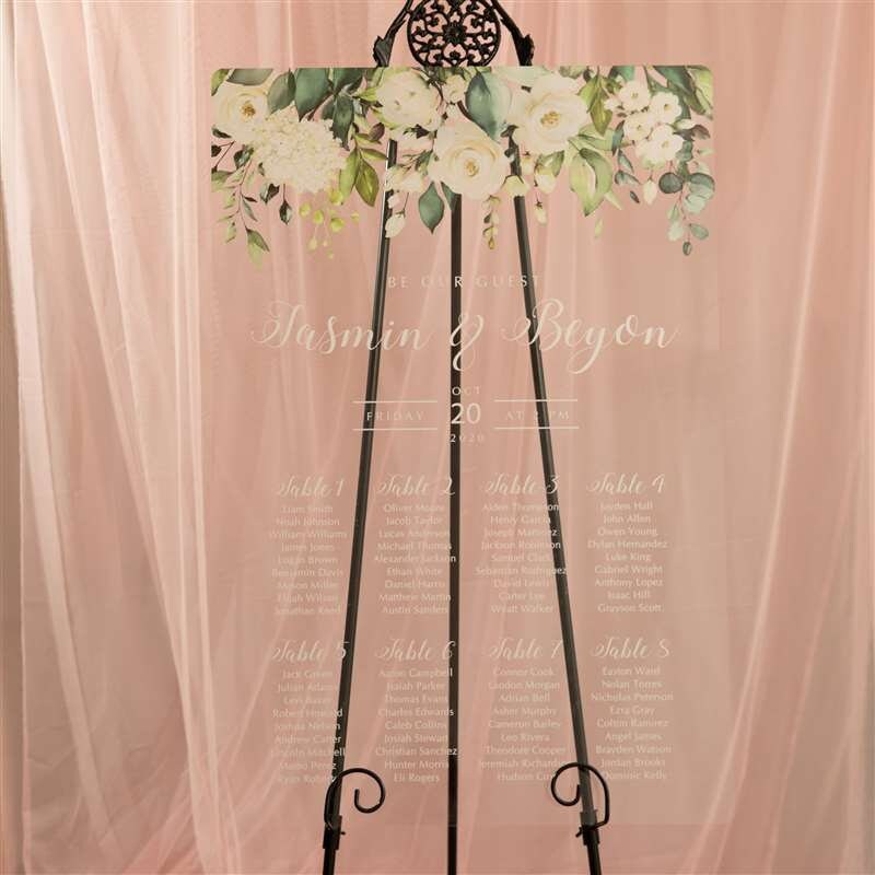 Floral Acrylic Wedding Table Seating Chart, Ivory White