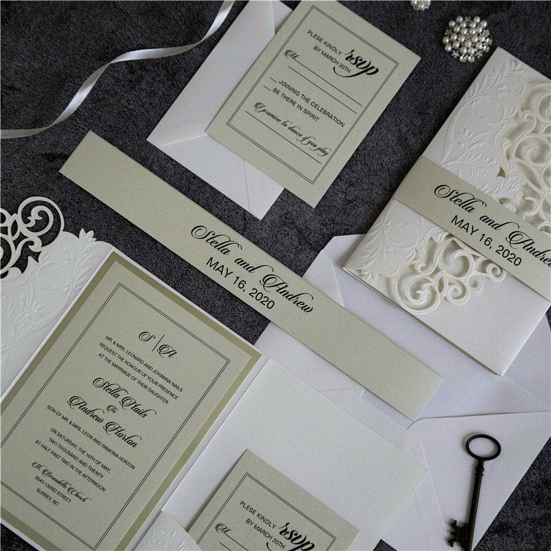 Laser Cut Wedding Invitation, Ivory Embossed Shimmer Card
