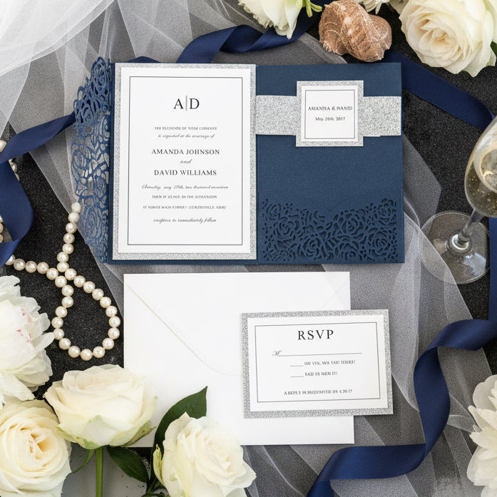 Navy & Silver Glitter Laser Cut Wedding Invitation Suite