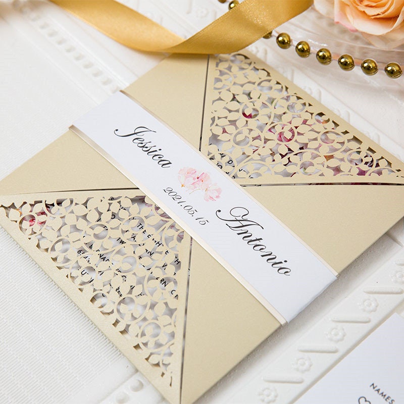Laser Cut Floral Wedding Invitation Suite, Gold Shimmer