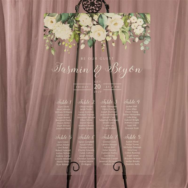 Floral Acrylic Wedding Table Seating Chart, Ivory White
