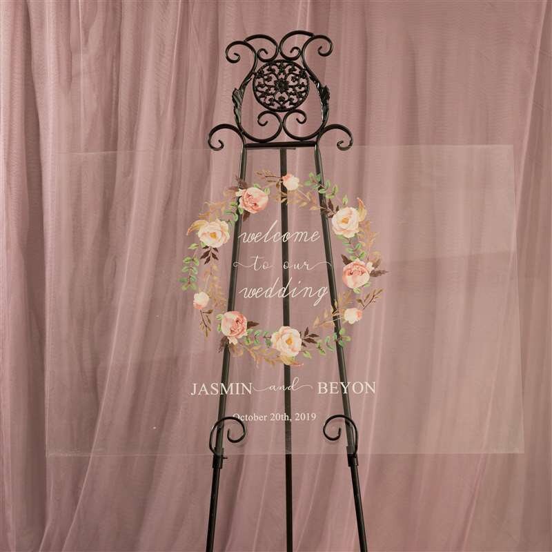 Floral Wreath Acrylic Wedding Welcome Sign, Personalized Calligraphy
