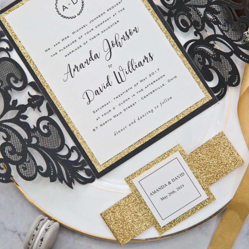 Black Laser Cut Wedding Invitation with Gold Glitter Accent