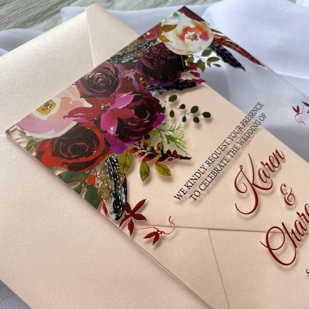 Floral Acrylic Wedding Invitation Suite, Burgundy and Blush with matching insert