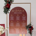 Burgundy Red Ombre Acrylic Wedding Table Plan with Gold Acrylic Mirror Lettering