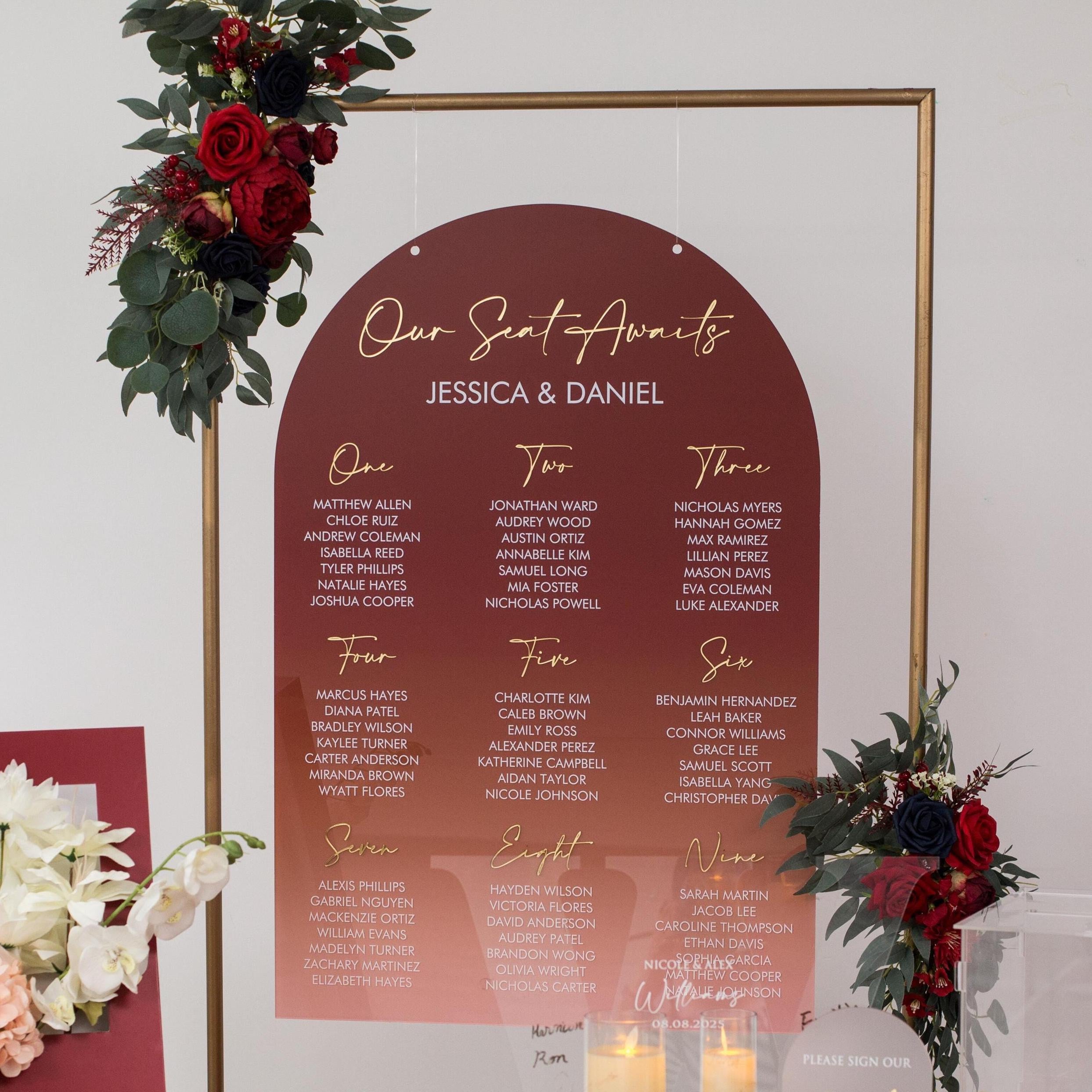Burgundy Red Ombre Acrylic Wedding Table Plan with Gold Acrylic Mirror Lettering
